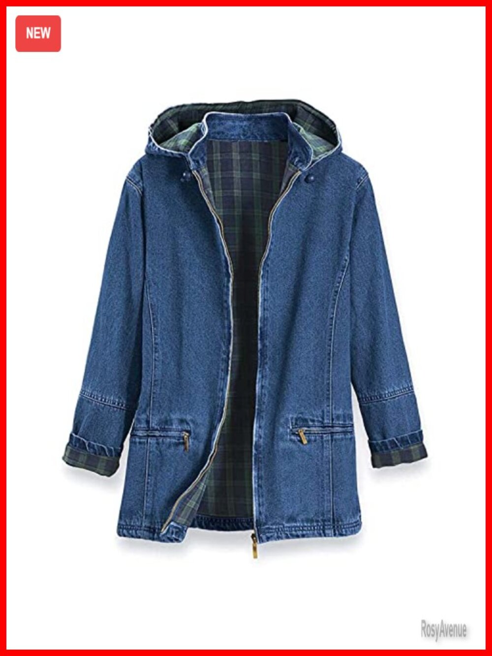 Flannel Lined Denim Jacket with Detachable Hood Zip Front Pockets